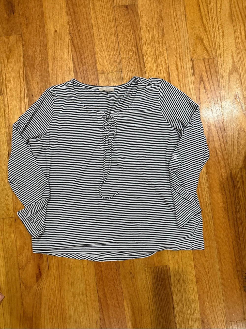 Joan Vass Studio Striped Lace Up Grommet Roll Tab Sleeve Top